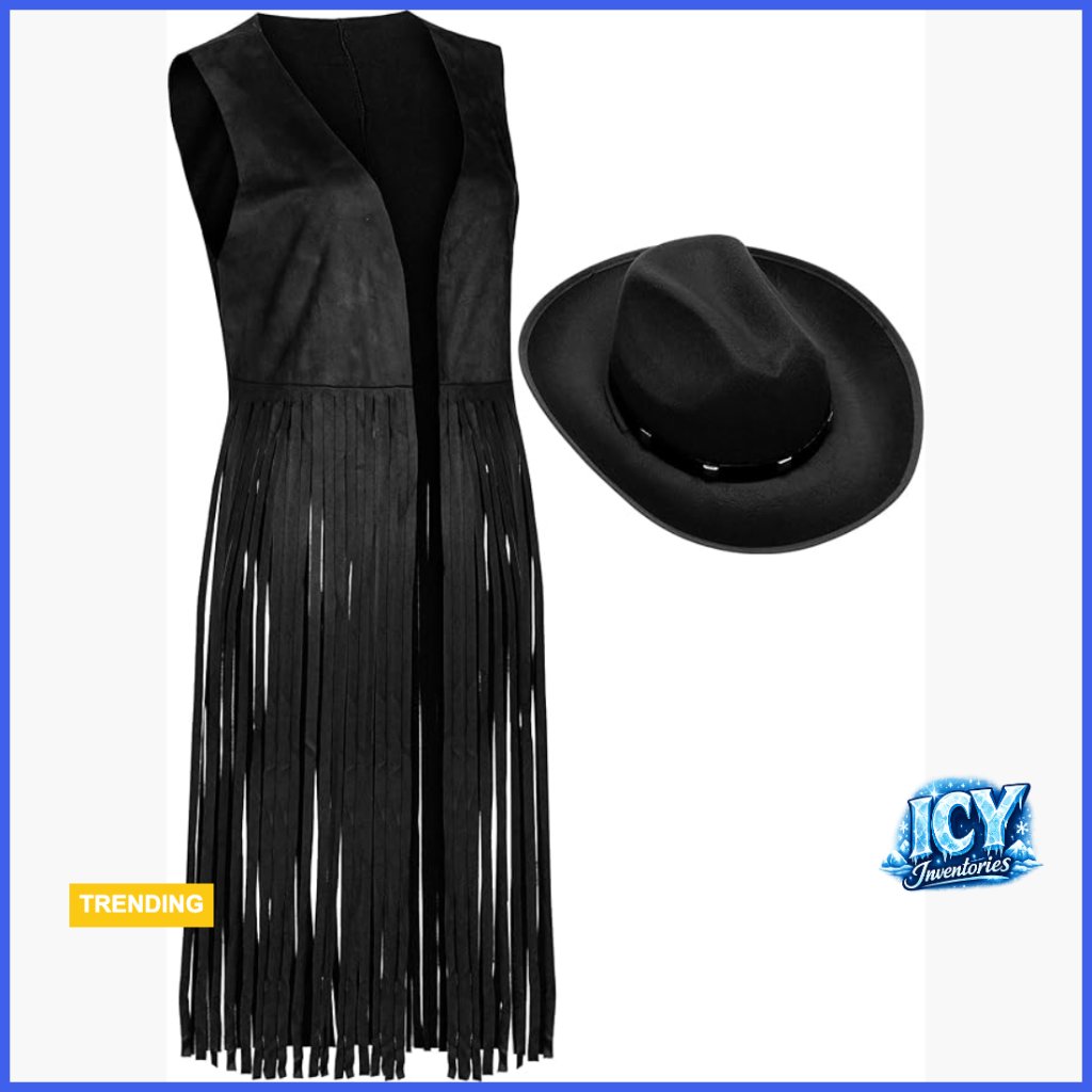 Faux Suede Fringe Vest Western Cowgirl Jacket With Hat